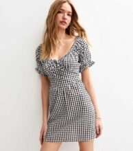 Black Gingham Print Puff Sleeve Mini Dress